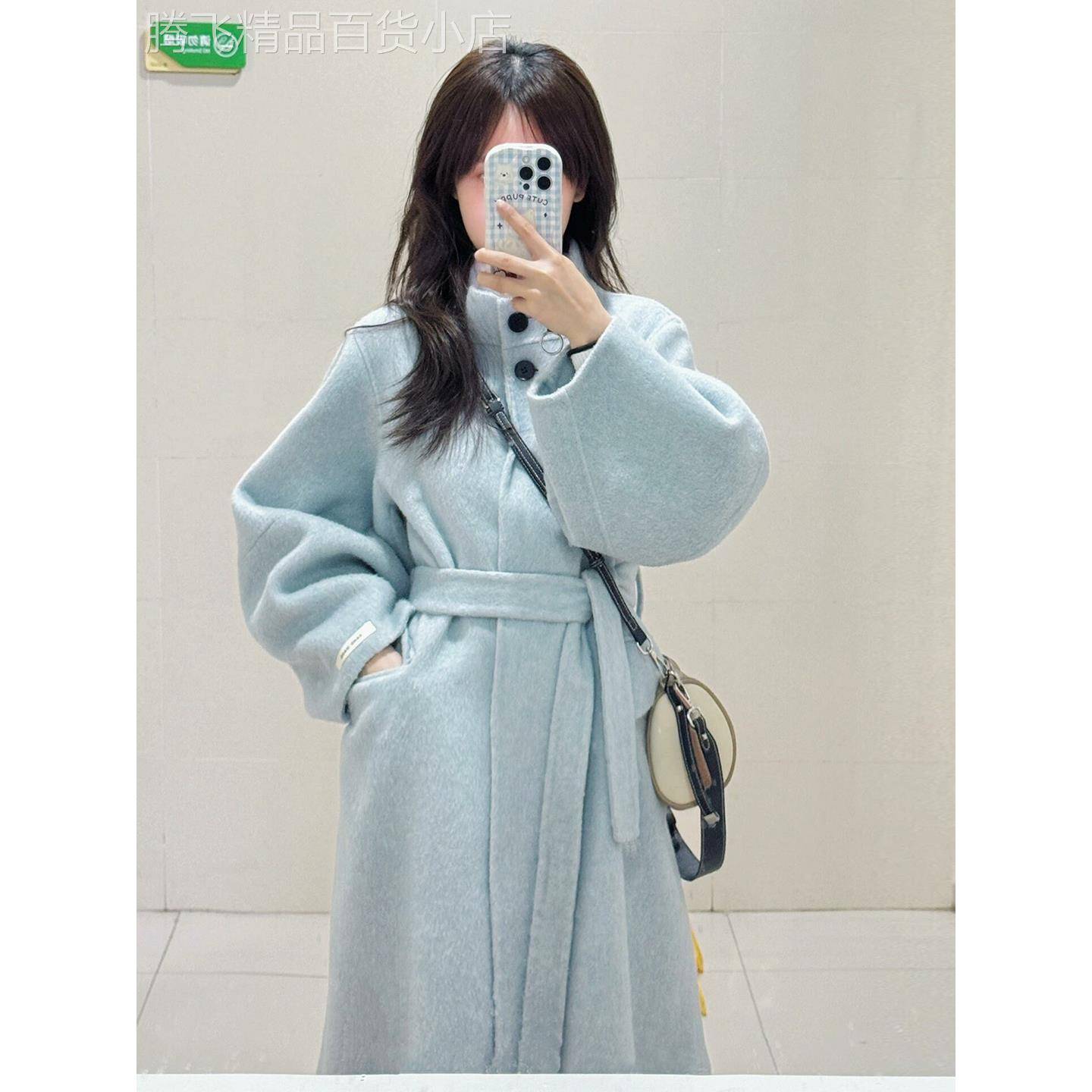 蓝色立领双面羊毛呢子大衣女2025秋季新款独特超好看长款毛呢外套