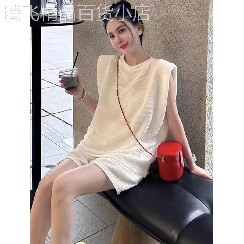 休闲时尚套装女夏季新款小个子宽松简约无袖上衣高腰短裤两件套潮