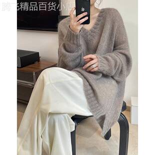 欧货毛衣女秋冬韩版宽松套头洋气慵懒风灰色V领中长款针织衫上衣