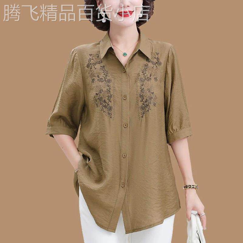 中老年女装妈妈棉麻短袖衬衫女士2026夏装新款大尺码小衫遮肚子上