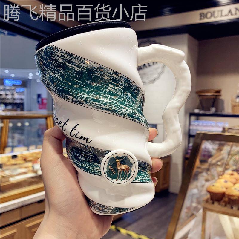日本代购BM创意男女士办公室陶瓷杯情侣手柄带盖子勺咖啡杯马克杯