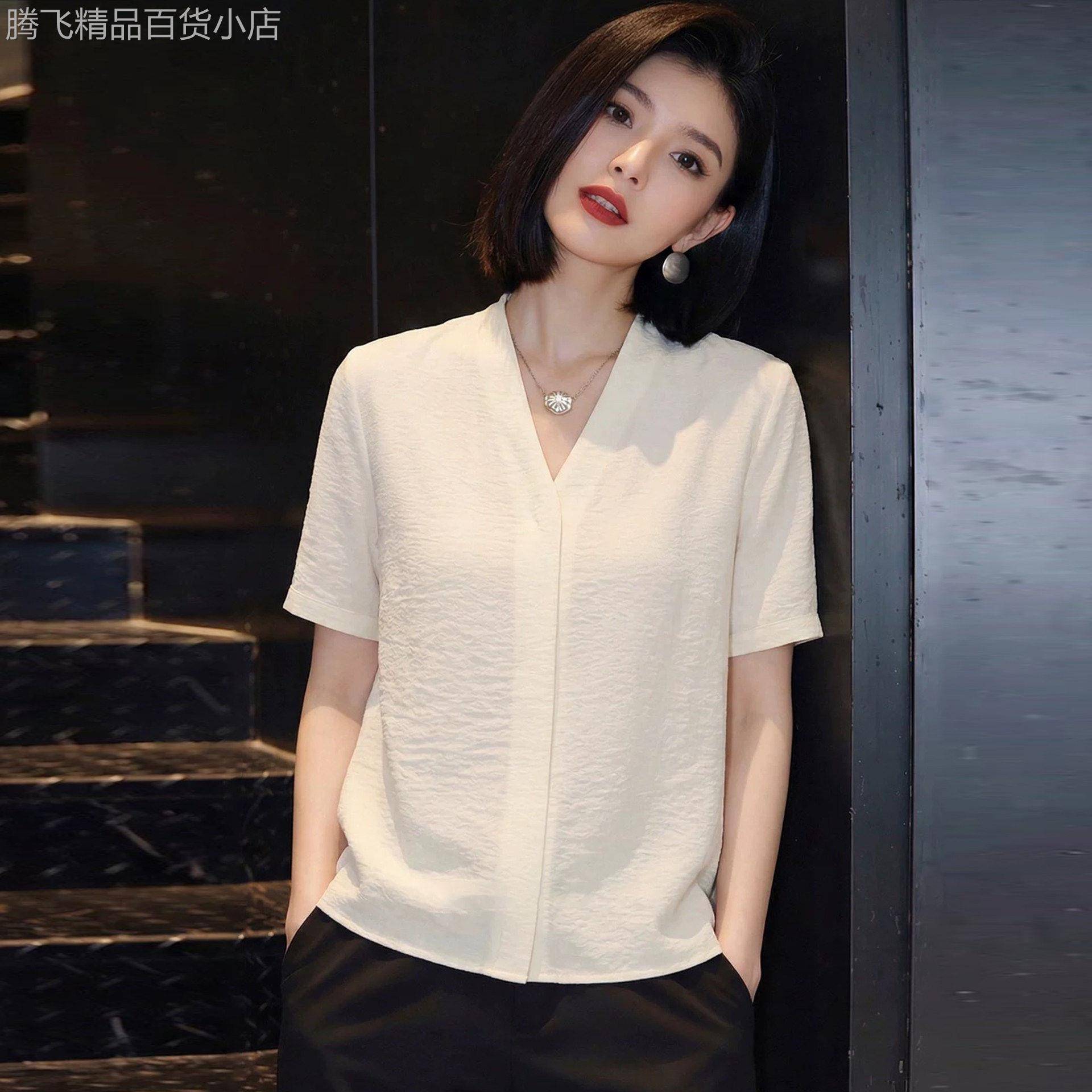 高级感短袖衬衫女夏季新款百搭时尚洋气宽松显瘦减龄V领气质上衣
