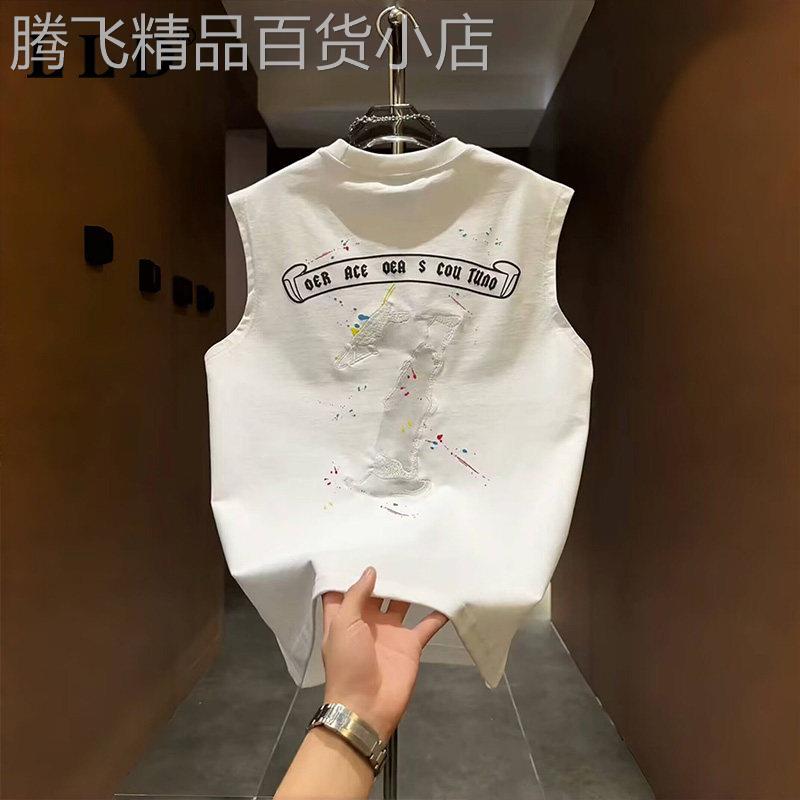 高端印花纯棉坎肩背心男士夏季2026新款圆领运动无袖T恤男款上衣