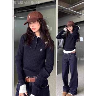 日系polo针织打底衫女士秋冬季短款翻领麻花毛衣修身正肩内搭上衣