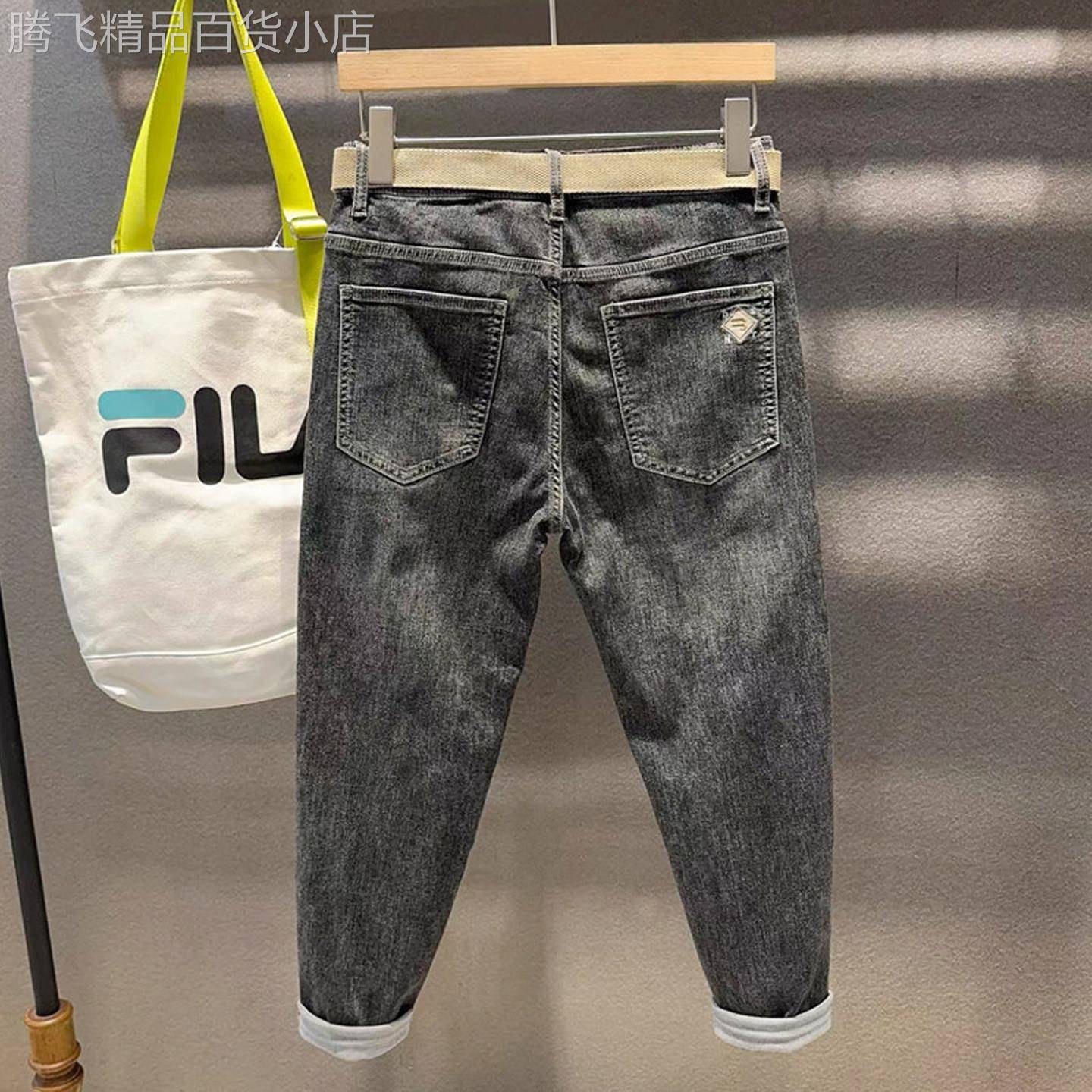 香港潮牌黑灰色九分牛仔裤男春夏新款韩版修身弹力小脚百搭休闲裤