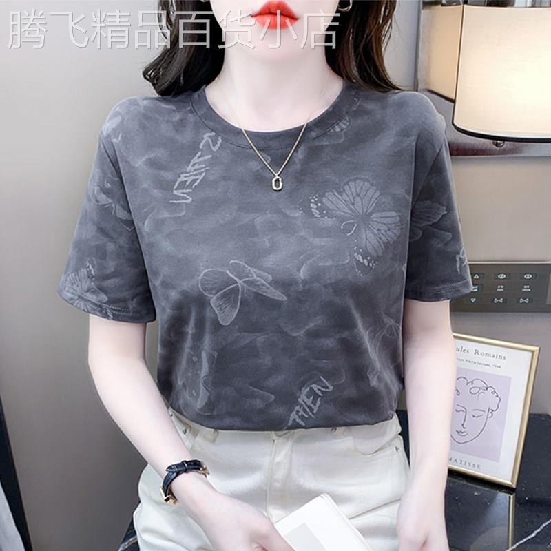 短袖t恤女夏装2025新款宽松圆领T恤衫百搭休闲显瘦印花上衣