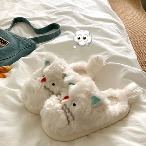 可爱猫猫头~！毛毛拖鞋女INS冬季保暖加绒室内居家包头外穿棉拖鞋