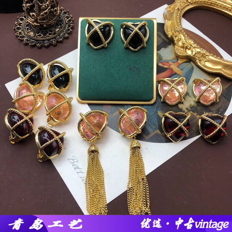 西洋中古vintage耳饰黑红色爱心