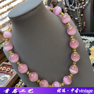 Vintage18M渐变粉色猫眼石琉璃项链纯手工串珠项链直播货