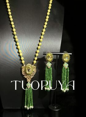 中古风密镶满钻长款珍珠项链感绿