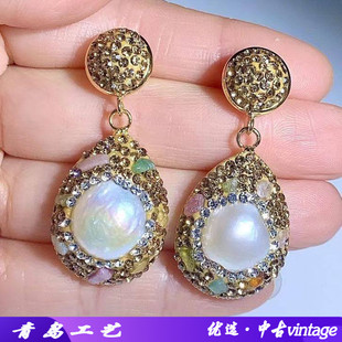 天然复古气质异形巴洛克珍珠碧玺捷克钻耳环耳钉925银针水波纹
