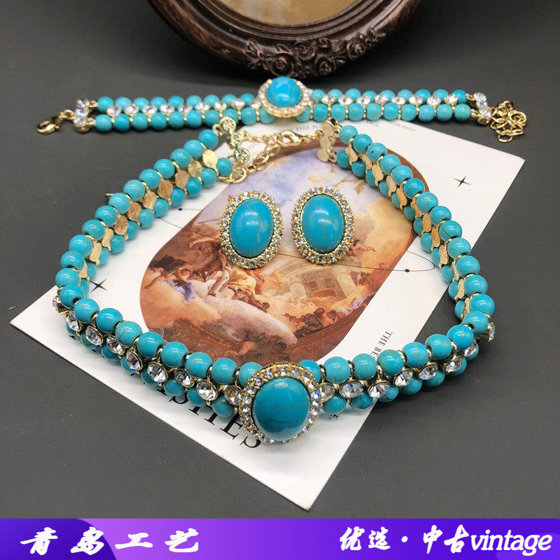 赫本风法式复古绿松石串珠短款项链手链耳钉套装百搭饰品