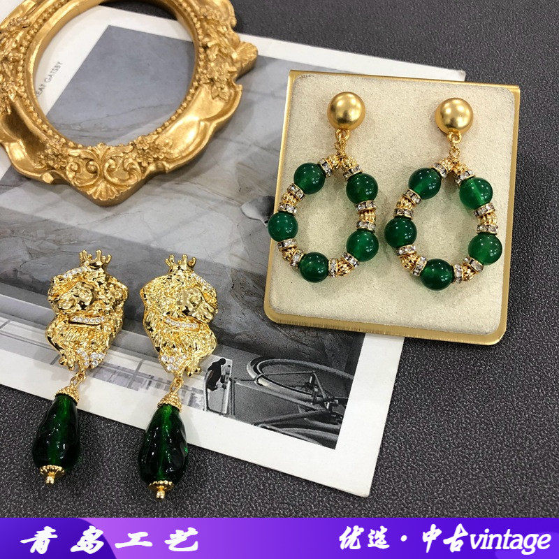 铜材质西洋中古耳环电镀真金复古琉璃坠串珠银针耳坠优雅耳饰
