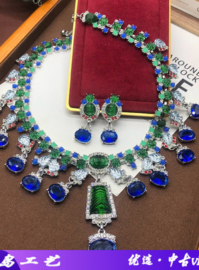 西洋中古重工蓝色莱茵石宝石链项链耳环套装高定夸张感锁骨链