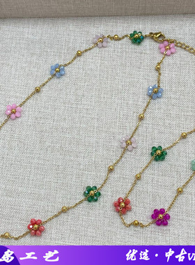复古彩色花朵串珠钛钢项链女多巴