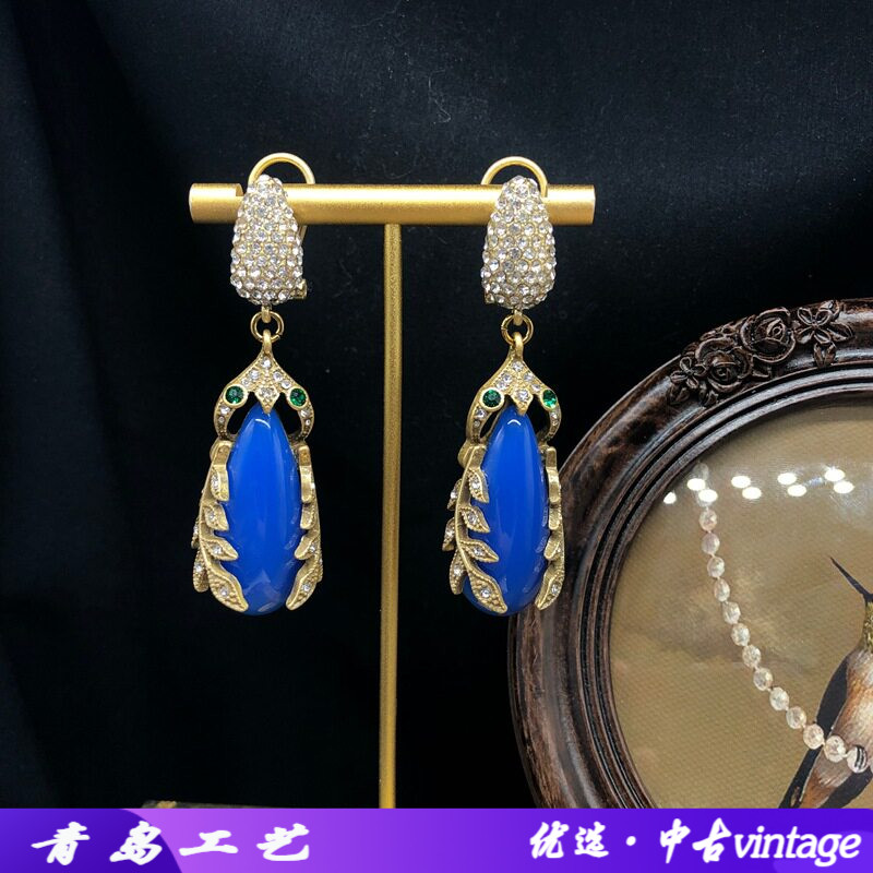 vintage中古回流做旧金耳饰蓝色
