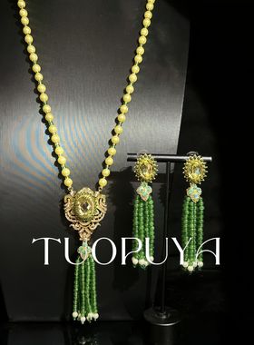 中古风密镶满钻长款珍珠项链感绿