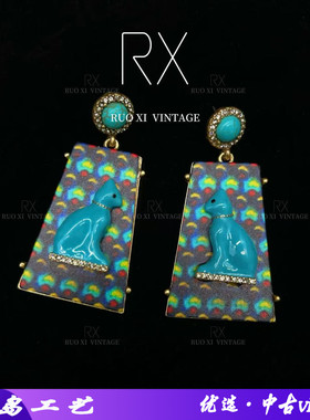 蓝色图案雕刻中古vintage古着风格融合复古元素独特设计猫咪耳环