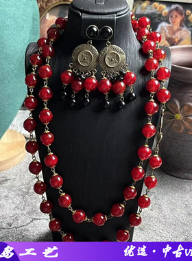 中古Vintage中古红色双层金沙琉璃时尚气质高级手工双层长款项链