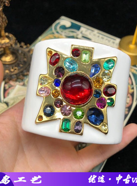 欧美重工西洋中古白色珐琅釉红宝