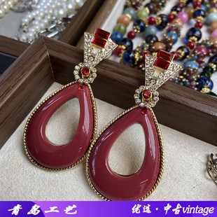 中古vintage安哥拉红镂空水滴大耳环铜镀金镶钻走秀款酒红色耳饰