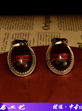 中古vintage复古简约红色琉璃树叶耳钉优雅气质百搭银针耳饰