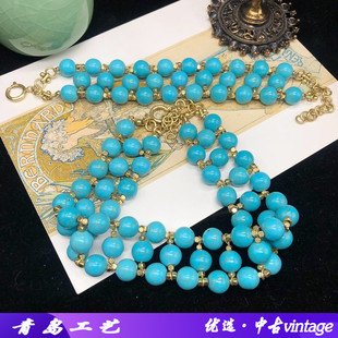 中古复古风多排绿松石手工编织短款颈链手链套装小众设计百搭配饰