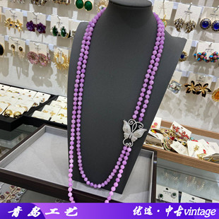 饰品气质优雅款8M紫色玉髓双层珍珠毛衣链长款项链蝴蝶配饰
