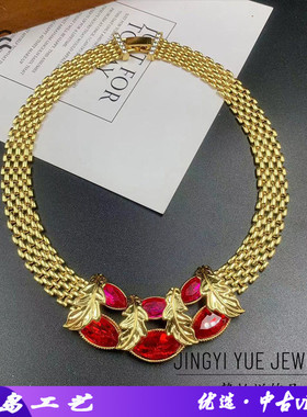 轻奢通体黄铜项链复古线条镶嵌知