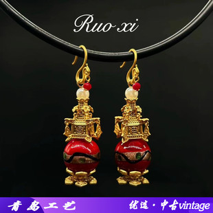 中古vintage新中式雕刻铜镀真金琉璃凉亭宫灯感耳环