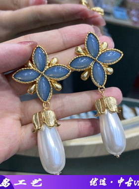 银针中古蓝色琉璃四叶花珍珠耳坠复古宫廷风铜镀真金花朵耳饰