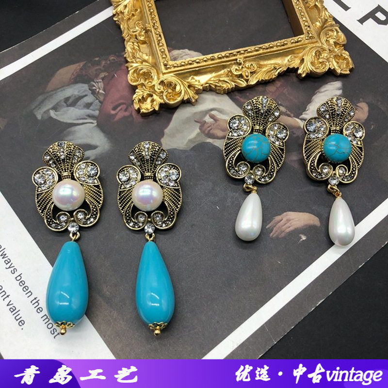 欧美复古做旧金色耳环镶钻雕刻花纹马彩贝蓝色水滴绿松石耳钉耳夹