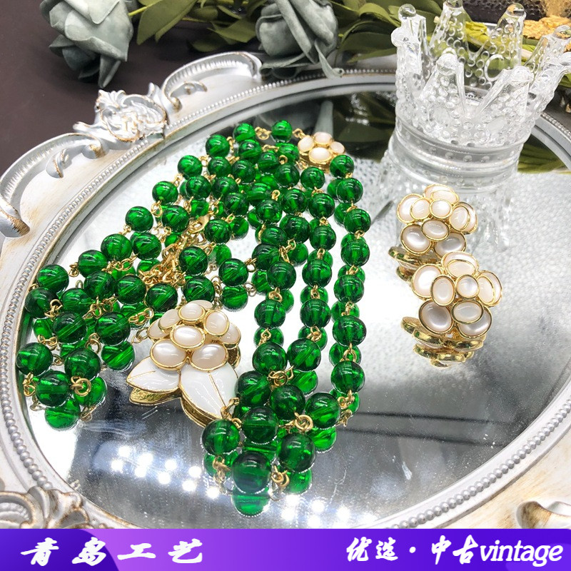 复古春夏款清新琉璃串珠毛衣链白色珐琅釉花朵项链耳钉耳夹套装女