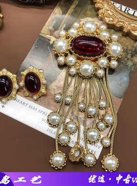 中古复古风设计感百搭珍珠链条流苏精致时尚红色琉璃耳钉优雅套装