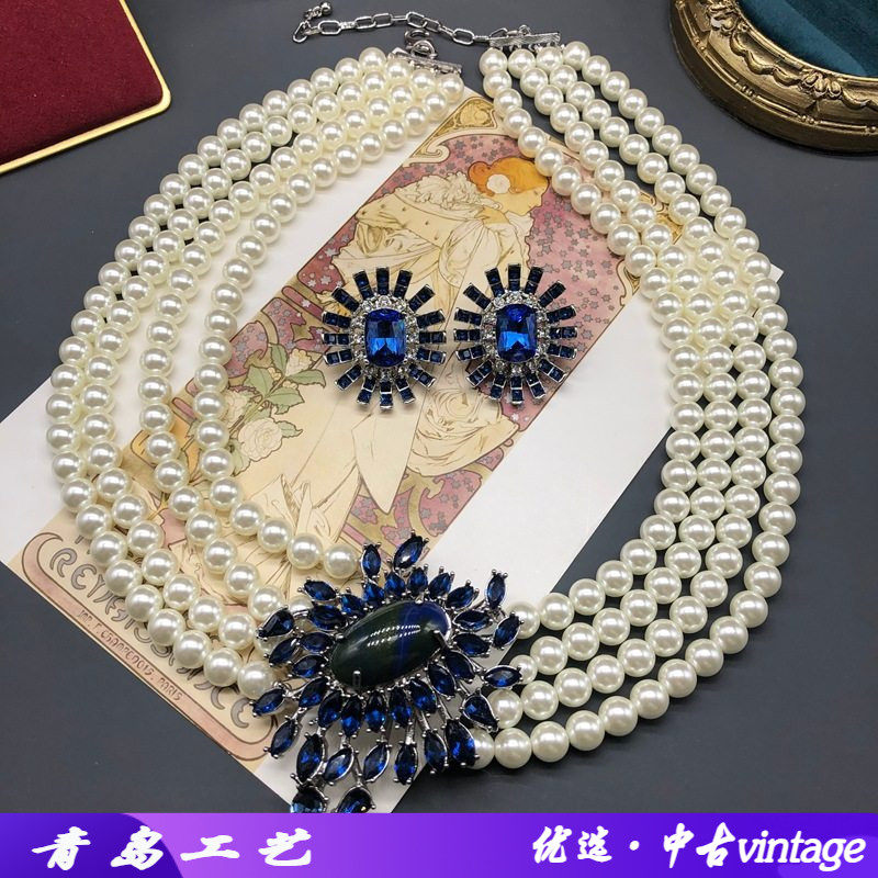 法式中古饰品多层珍珠蓝宝石铜项链耳钉套装气质优雅百搭复古首饰