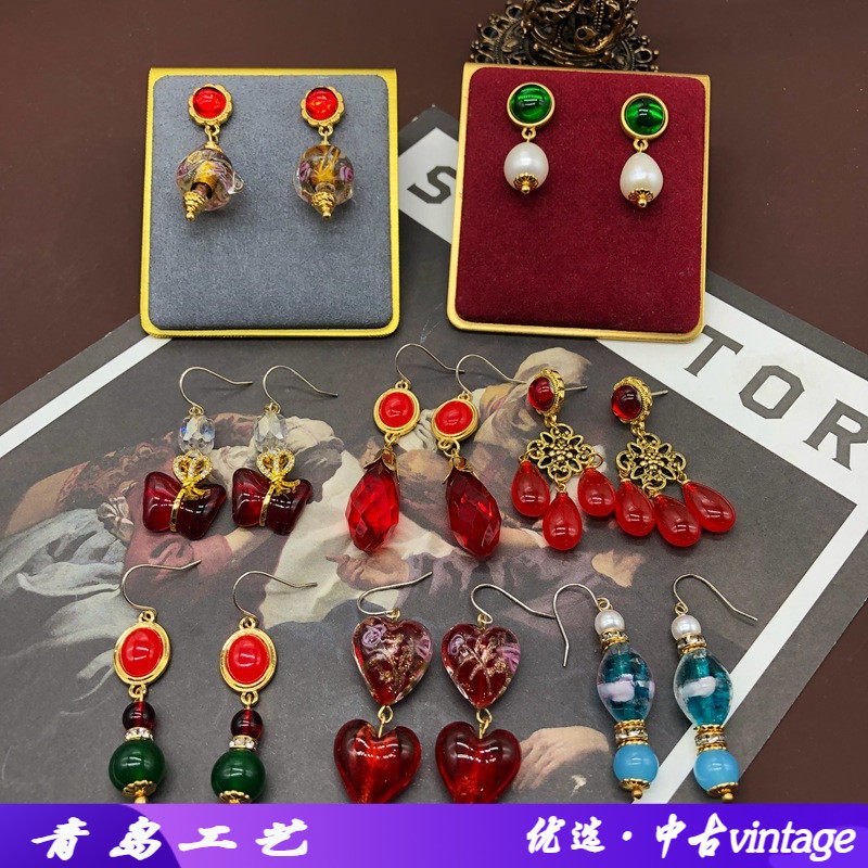欧玛拉中古vintage飘花琉璃耳钉