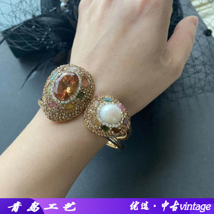 天然巴洛克珍珠+苏丹石合金碧玺手镯设计大众款手环欧美复古风