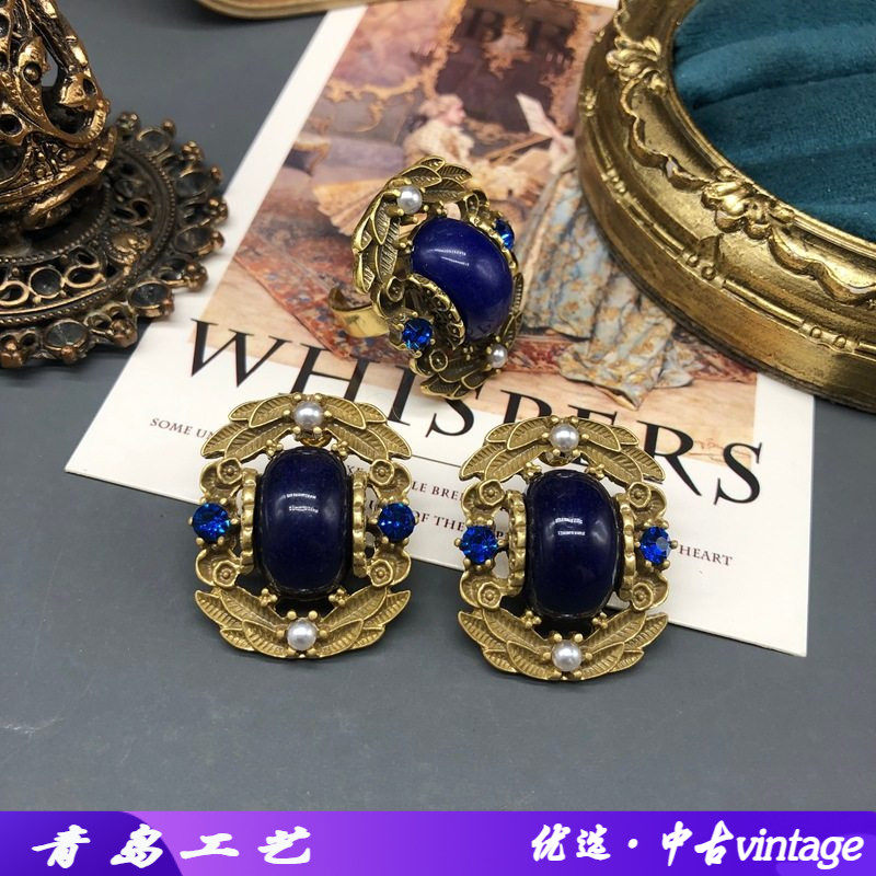 中古时尚感轻奢百搭蓝宝石戒指耳钉莱茵石镶嵌复古宫廷风首饰