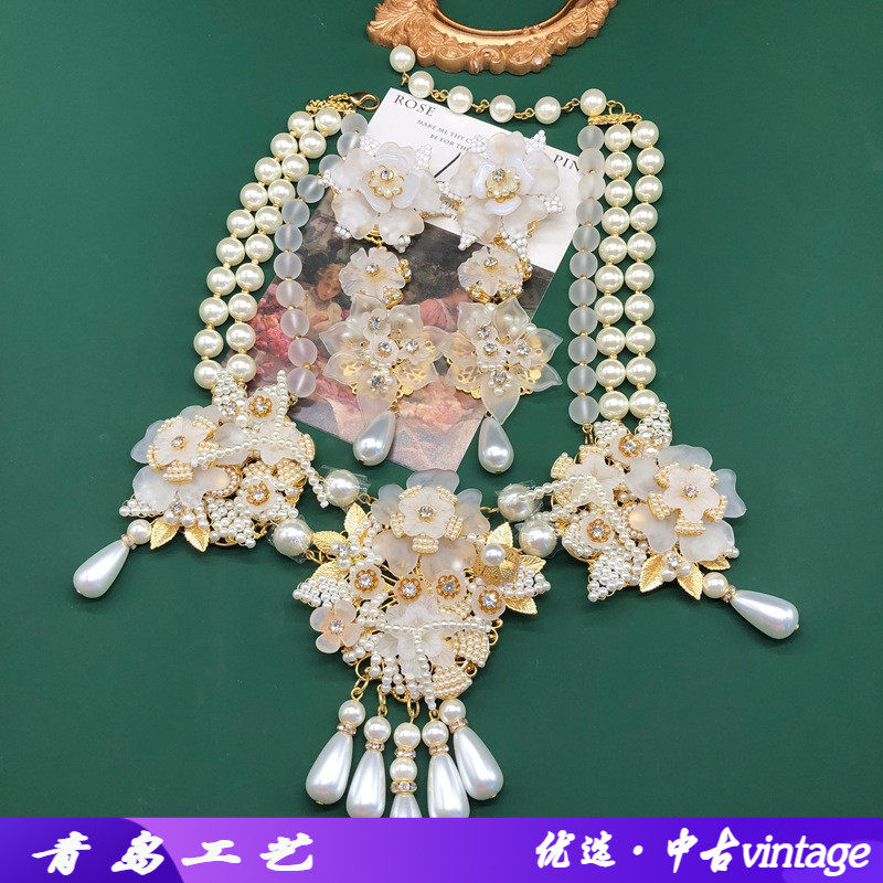 法式复古风夸张叶子玉花耳夹耳坠时尚百搭甜美珍珠重工吊坠项链套