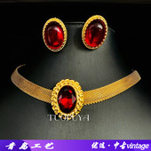 法式 精致重工感项链小众设计感饰品 复古椭圆琉璃耳钉套装