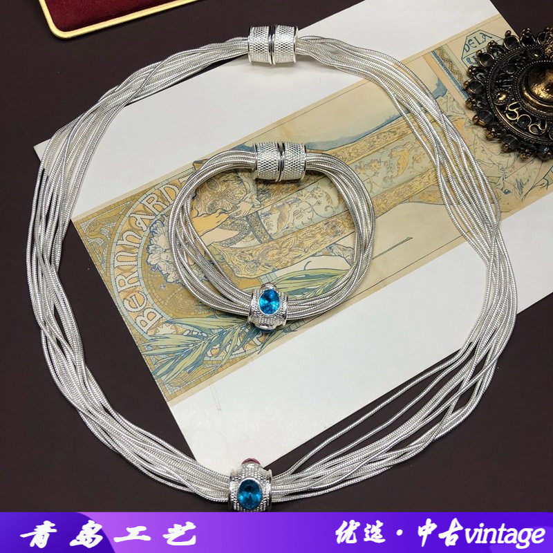 西洋中古vintage素金多层铜链条银色项链手链镶钻磁吸扣首饰套装