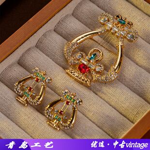 欧美中古饰品镀金里拉琴艺术胸针创意典雅竖琴音乐耳钉胸花套装