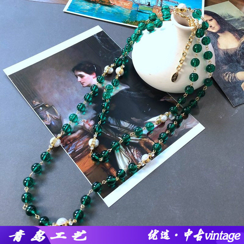 电镀真金中古长款湖蓝绿色琉璃圆珠项链巴洛克珍珠毛衣链
