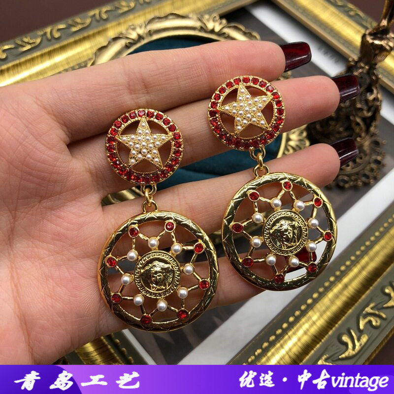 西洋中古耳环五角星造型珍珠镶宝