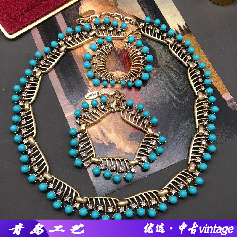 青岛中古饰品绿松石项链手链耳环套装复古颈链耳钉优雅百搭手环