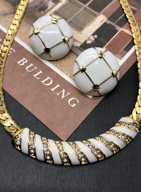 复古经典白色珐琅釉耳钉项链镀真