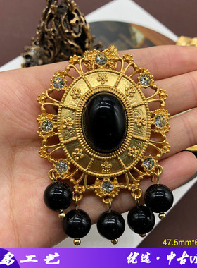 中古胸针项链黑色琉璃坠复古宫廷雕刻花纹雾金胸针可拆卸项链两用