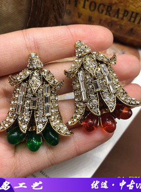 中古设计感镶钻ab面红色绿色耳环新款气质独特耳钉轻奢时尚优雅