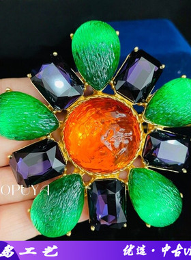 青岛中古Vintage胸针感小众欧美复古绚丽彩胸花大衣服饰配饰