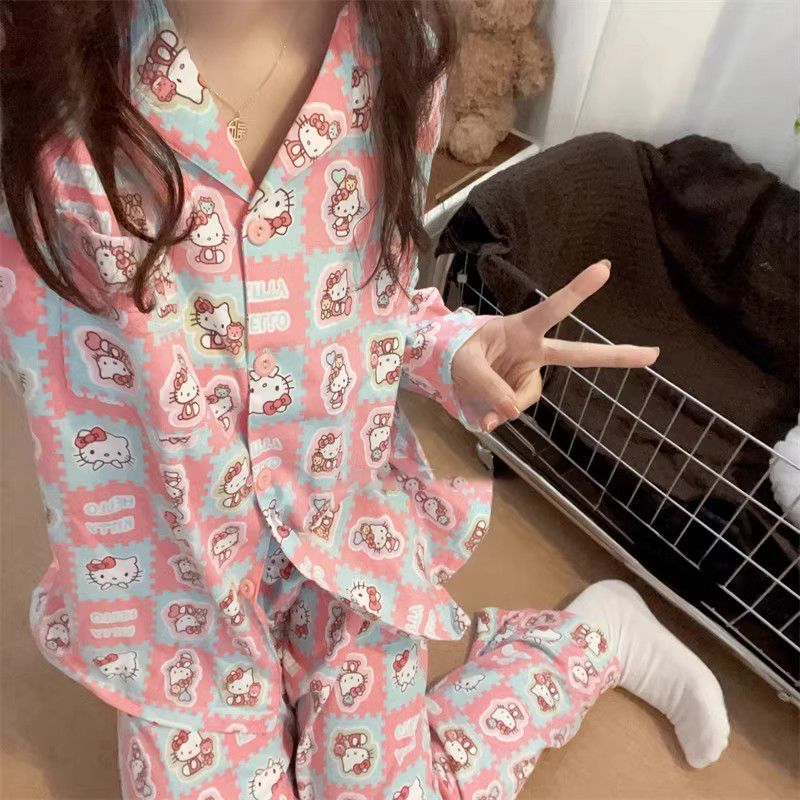 加大码300斤胖mm春秋季日系凯蒂猫睡衣女长袖卡通甜美家居服套装